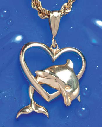 14K Gold Dolphin & Heart Pendant