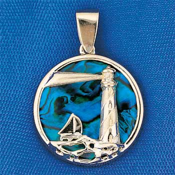 14K Gold Lighthouse and Paua Shell Pendant